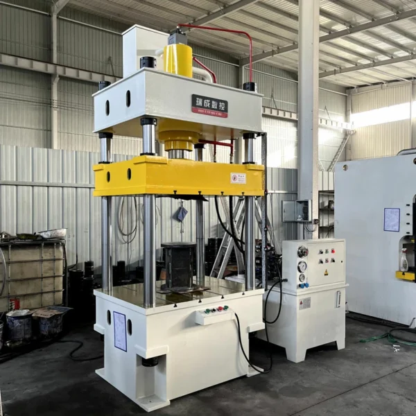 100 ton four column hydraulic press left side view showing rigid welded frame and hydraulic cylinder structure
